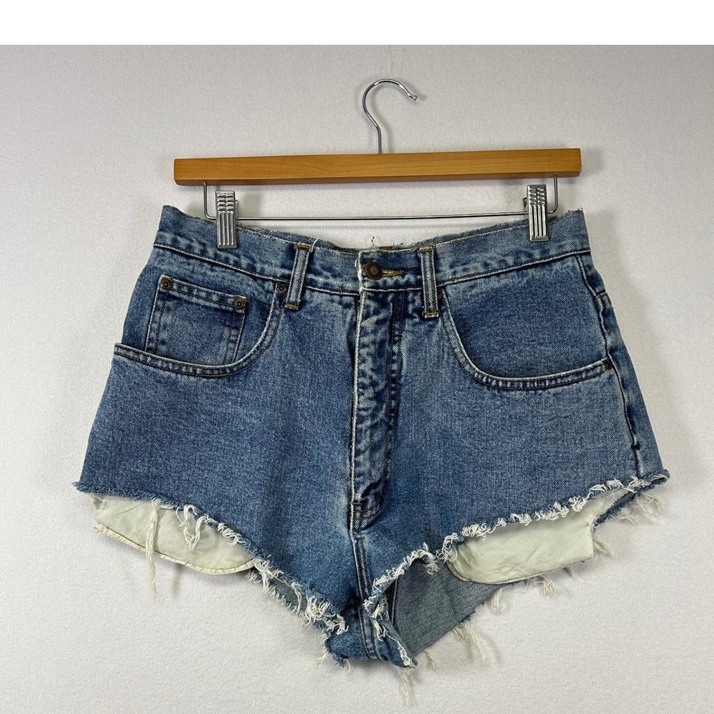 Vintage New York Line Denim Shorts Women 12 High Rise Distressed Cut‎ Off 90s